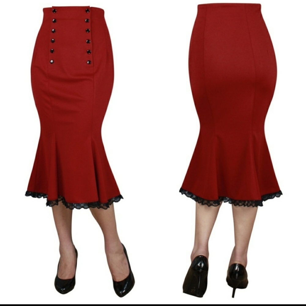 Pin Up Clothing Pencil Skirt High Waist Lace Red